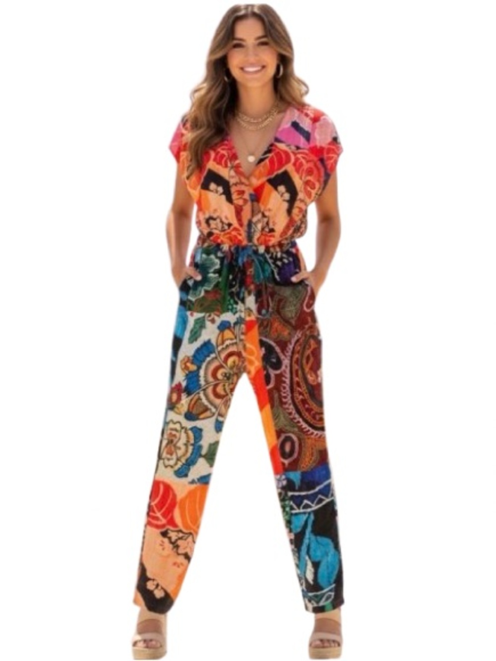 DESIGUAL Boho Patchwork Mixed Print Jumpsuit "Life is Awesome" - Size Large